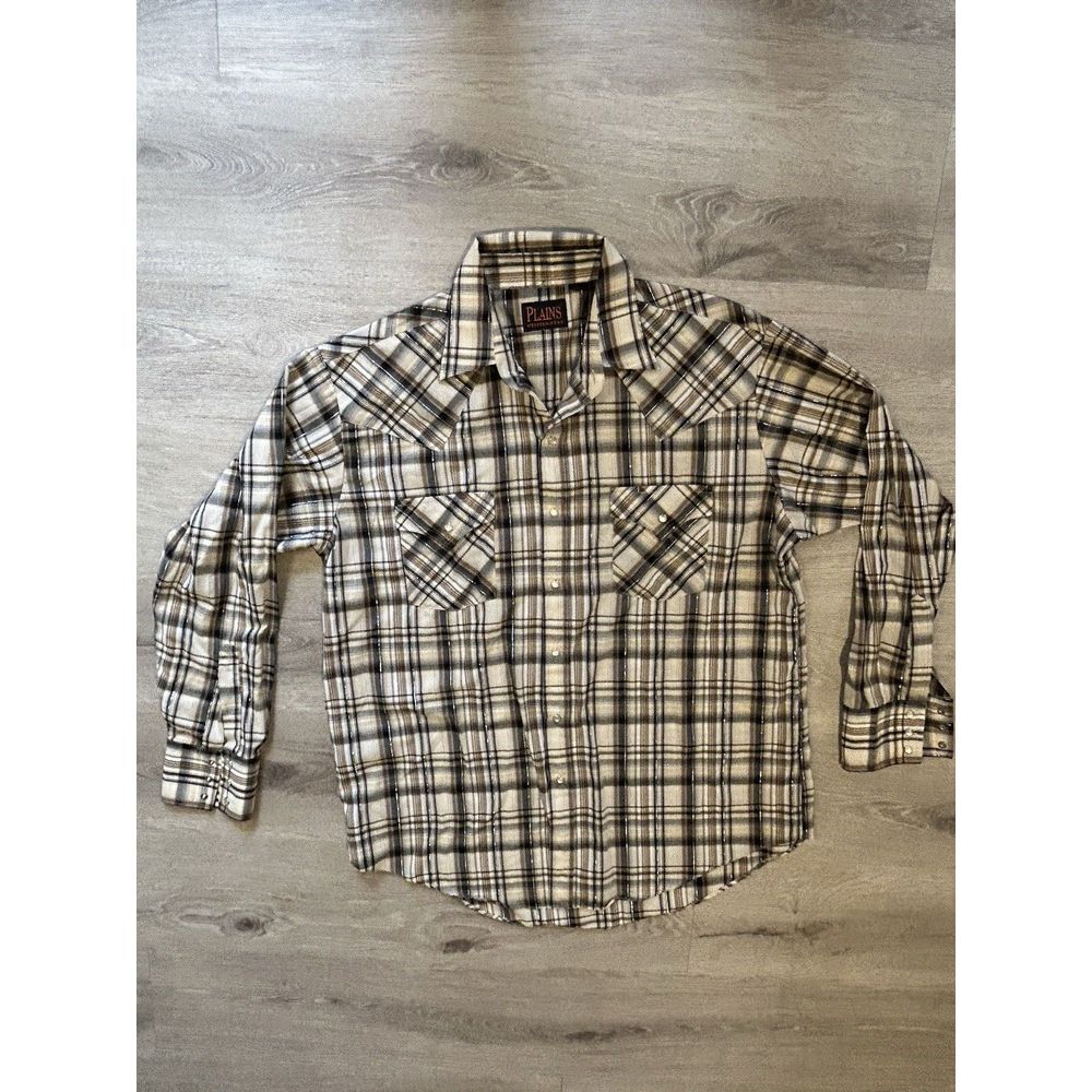 Vintage PLAINS Western Wear Shirt Men's L Black Tan Plaid Pearl Snap Long Sleeve